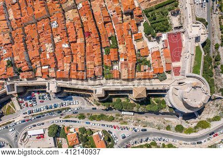 Aerial Overhead Drone Shot Of Fort Minceta Of Dubrovnik City Wall In Croatia Summer