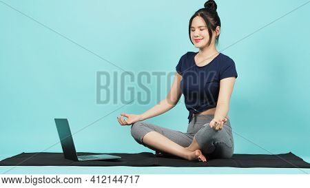 Fitness Influencer. Sporty Woman Blogger. Workout Training Online Via Laptop.