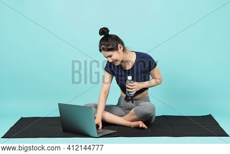 Fitness Influencer. Sporty Woman Blogger. Workout Training Online Via Laptop.