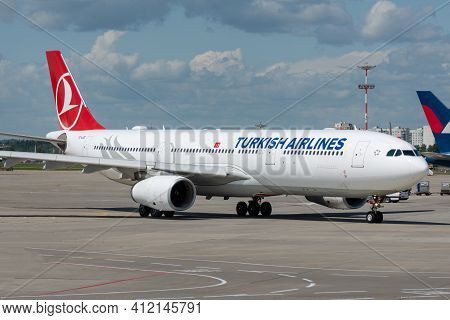 July 2, 2019, Moscow, Russia. Airplane Airbus A330-300 Turkish Airlines At Vnukovo Airport In Moscow