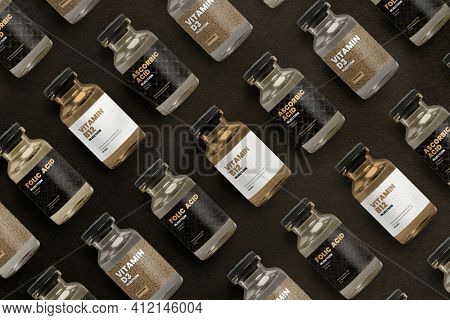 Vitamin injection glass bottles with luxurious patterned labels