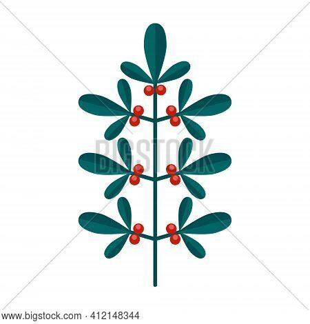 Simple Minimalistic Green Branch Of Cranberries With Leaves And Red Berries. Floral Collection Of El