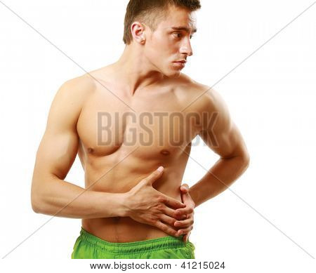 Uomo forte, con un corpo helathy isolato su sfondo bianco