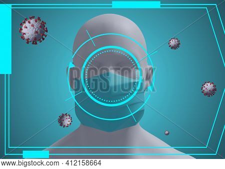 Scope scanning and covid-19 cells against human head model wearing face mask. coronavirus covid-19 pandemic and medical research concept