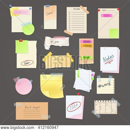 Paper Notes On Stickers, Reminders Notepads, Memo Messages Torn Paper Sheets Attached With Transpare