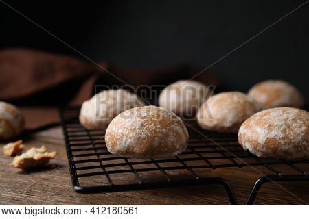 Tasty Homemade Gingerbread Cookies On Wooden Table, Closeup
