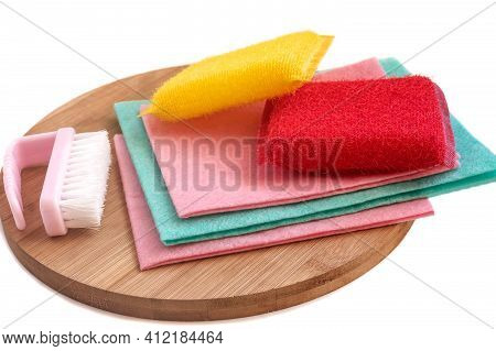 Universal Wipes, Foam Sponges, Fluffy Brush For Washing Dishes. Household Concept.
