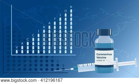 Coronavirus Vaccination Banner With Covid-19 Vaccine Bottle, Syringe, Statistics Growing And Declini