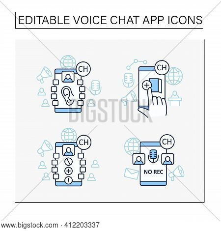 Drop In Audio App Line Icons Set. Communication Application With Friends. Listeners, Creating Room, 