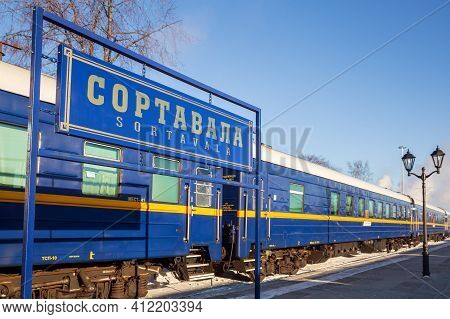 Sortavala, Russia - March 10, 2021: Cars Of The Ruskeala Express Retro Train At The Platform Of The 