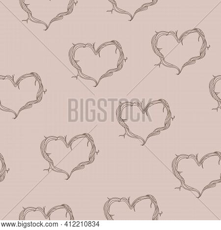 Wooden Branches Hearts Seamless Repeating Pattern With Light Crepe Pink Background. Vector Illustrat