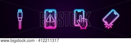 Set Line Usb Cable Cord, Mobile With Exclamation Mark, Phone Repair Service And Shockproof Phone. Gl