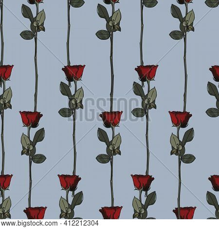 Vertically Aligned Red Roses Seamless Repeating Pattern With Light Blue Background. Vector Illustrat