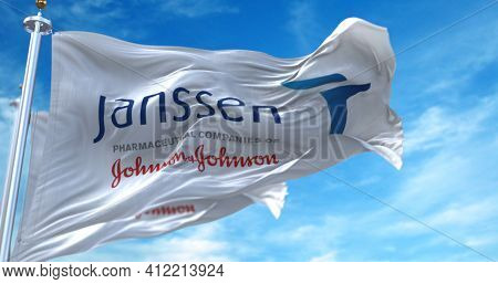 Beerse, Belgium, March 12 2021: Janssen Flags Flying In The Wind. Janssen Is A Johnson And Johnson P