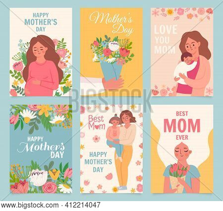 Happy Mothers Day Card. Best Mom Ever, Flower Bouquet Gift For Mother, Woman Hug Baby And Daughter. 
