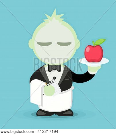 Vegetarian Waiter With Red Apple Cartoon Color Vector Illustration, Vertical