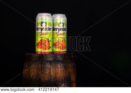 Can Of Bergenbier Beer On Beer Barrel With Dark Background. Illustrative Editorial Photo Bucharest,