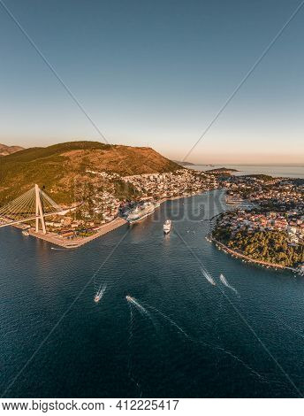 Aerial Drone Shot Of Lapad Gruz Peninsula Area With Dubrovnik Bridge Cruise Ship In Croatia Summer S