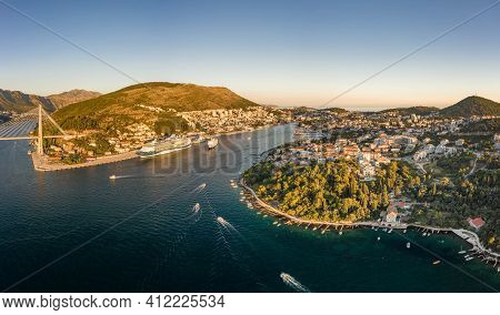 Aerial Panorama Drone Shot Of Dubrovnik Bridge At Port Gruz In Lapad Adriatic Sea In Croatia Summer 