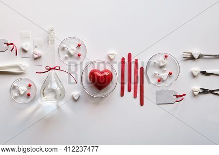 Chemistry Of Love. Creative Flat Lay, Top View With Chemical Glassware, Petri Dishes, Love Molecules