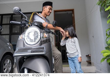 Muslim Man Father Going To The Mosque Kid Kiss His Hand
