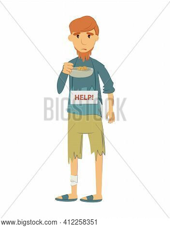 Homeless People Concept. Unemployed Homeless People Who Find Themselves In Crisis. Young Man With Si