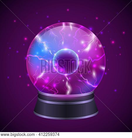 Magic Occult Fortune Teller Sphere With Glowing Effect On Dark Purple Background Vector Illustration