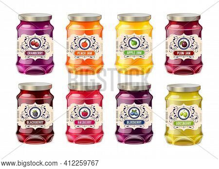 Jar Label Mockup. Glass Realistic Jars With Labels Fruit Jam. Retro Vintage Templates For Labels Of 