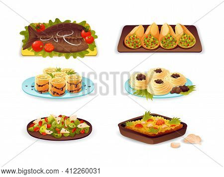 Ramadan Holiday Food Of Iftar Party Arabian Muslim Dishes. Sweet Dishes, Fish And Meat , Dates, Milk