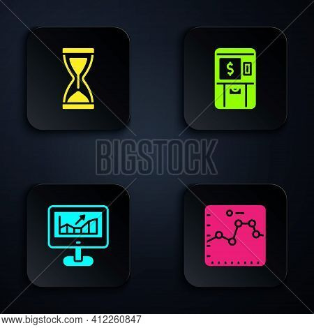 Set Browser With Growth Graph, Old Hourglass, Computer And Atm And Money. Black Square Button. Vecto