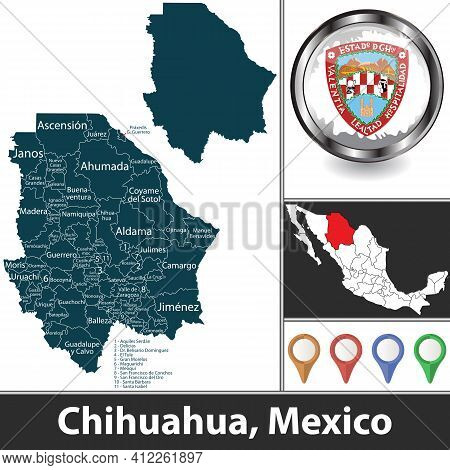 State Of Chihuahua With Municipalities And Location On Mexican Map. Vector Image