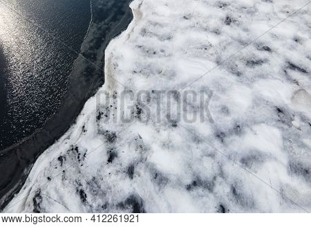Drone View Og Ice Melts On The River, Ice Crack, Glacier And Iceberg Landscape