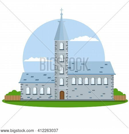 Old Town Hall Building With Blue Roof, Bell Tower And Spire. European Urban Architecture. The Mediev