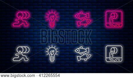 Set Line Light Bulb With Leaf, Dead Fish, Barrel Oil Leak And Wastewater. Glowing Neon Icon On Brick
