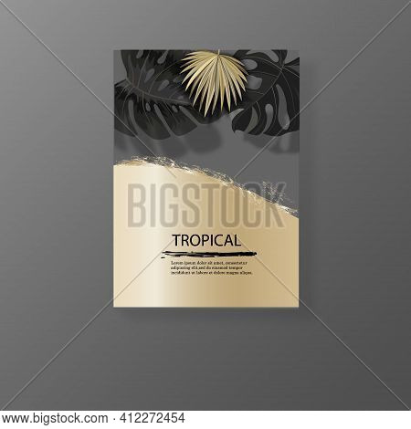 Vector Vertical Wedding Invitation Cards Set With Black And Gold Tropical Leaves On Dark Background.