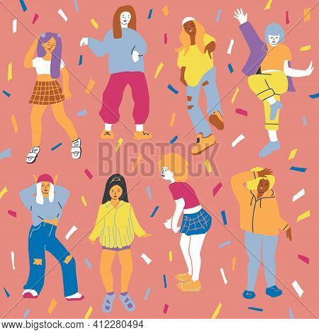 Crowd Of Young Girls Dancing At Club. Big Set Of Characters Having Fun At Party. Flat Colorful Vecto