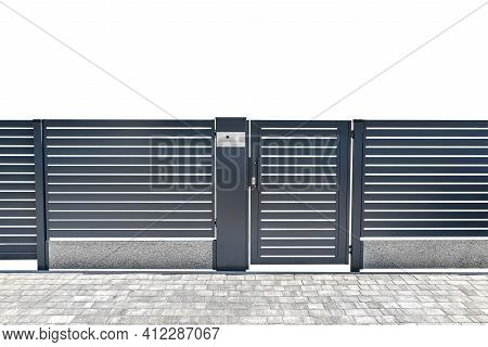 Modern Panel Fencing In Anthacite Color, Visible Wicket With Videophone, Isolated On White Backgroun