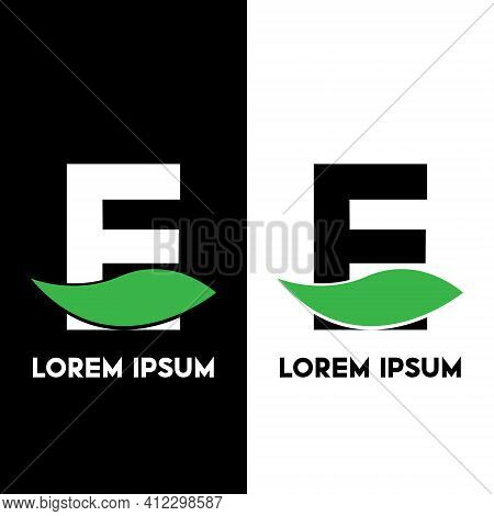 Alphabet E With Green Leaf, A Unique Brand Identity. Complete Set Of Alphabets.