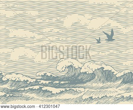 Vector Seamless Pattern With Hand-drawn Seascape With Waves, Seagulls And Clouds In The Sky. Decorat