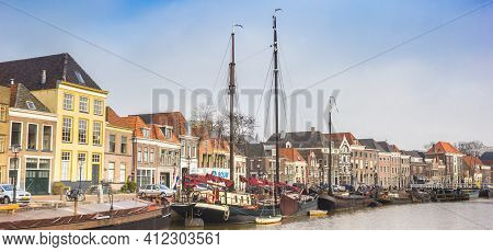 Zwolle, Netherlands - March 03, 2021: Panorama Of Historic Ships In The Canal Of Zwolle, Netherlands