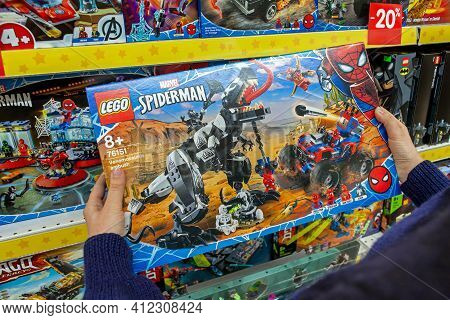 Closeup Of Box With A Constructor In The Hands Of The Buyer. Minsk, Belarus - March 2021