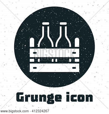 Grunge Pack Of Beer Bottles Icon Isolated On White Background. Wooden Box And Beer Bottles. Case Cra