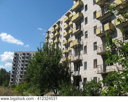 Abandoned Residential Buildings In The Village Of Orbita Near The Chigirin Nuclear Power Plant. Aban