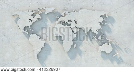 World Map On Concrete Wall Background, Texture. 3D Illustration