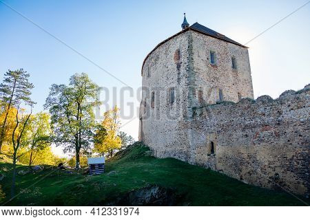 Scenic View Of Ancient Ruins Of Gothic And Renaissance Medieval Royal Castle, Autumn Landscape, Sunn