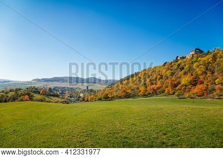 Scenic View Of Ancient Ruins Of Gothic And Renaissance Medieval Royal Castle, Autumn Landscape, Sunn
