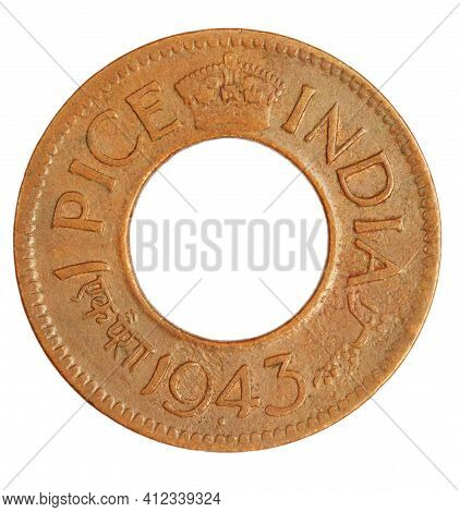 Old Indian One Pice Coin Of 1943 Close Up
