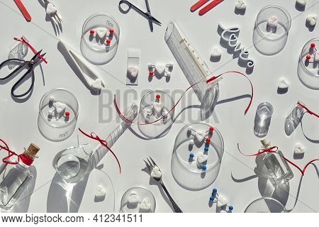 Chemistry Of Love. Creative Flat Lay, Top View With Chemical Glassware, Petri Dishes, Love Molecules