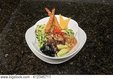 Hawaiian Dish Known As Hibachi Steak Chicken Shrimp Poke Bowl