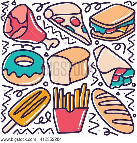 Hand Drawn Desserts Menu Doodle Set With Icons And Design Elements